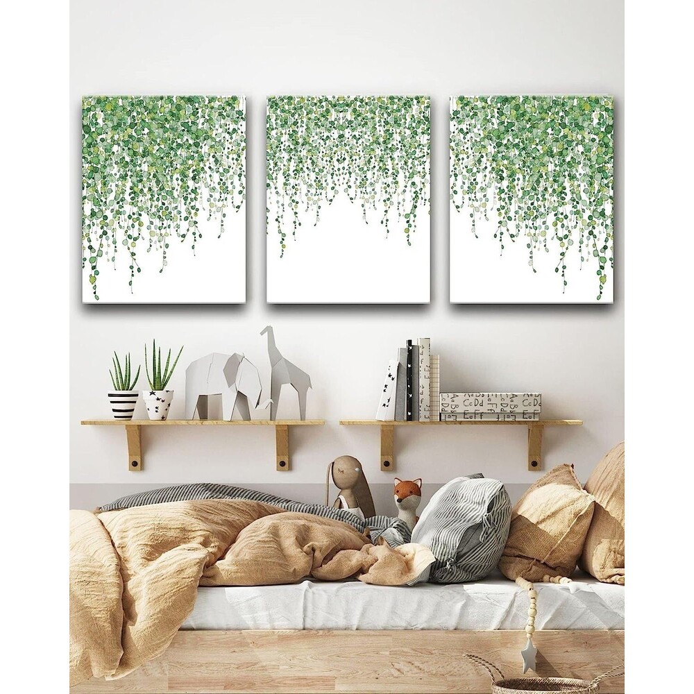 Canvas Wood Framed Wall Art, Plant Vine with Round Disc Leaves, 12"x16" Set of 3